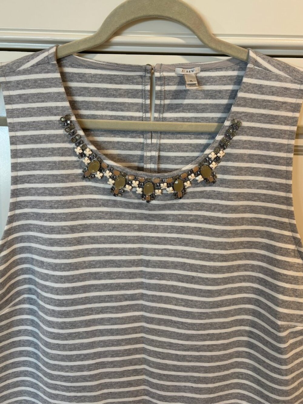 Jcrew Women's Crew Neck Jeweled Grey Striped Knit Top Size XL